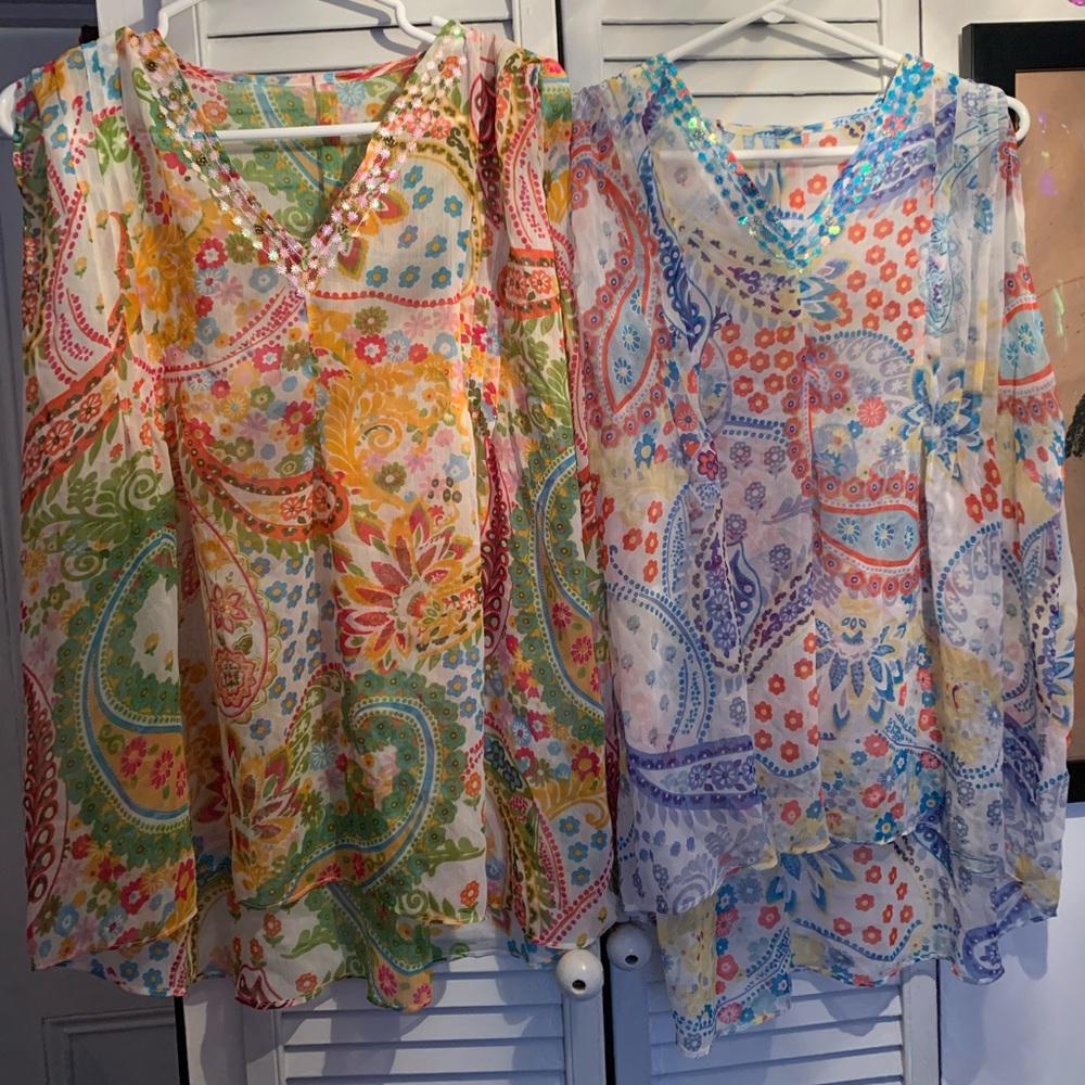 2 similar handmade bohoesque tops with sequins detail